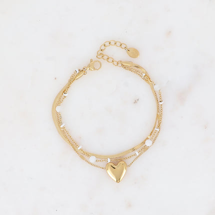 Bracelet 3 rangs - émail, pierres naturelles, maille miroir et pendentif coeur