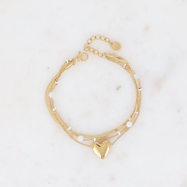 Bracelet 3 rangs - émail, pierres naturelles, maille miroir et pendentif coeur