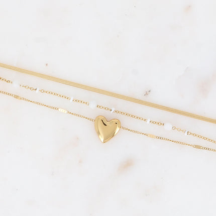 Bracelet 3 rangs - émail, pierres naturelles, maille miroir et pendentif coeur