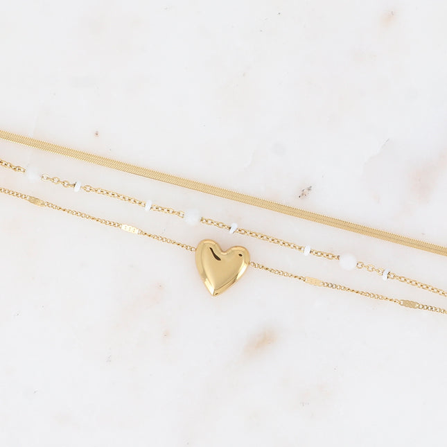 Bracelet 3 rangs - émail, pierres naturelles, maille miroir et pendentif coeur