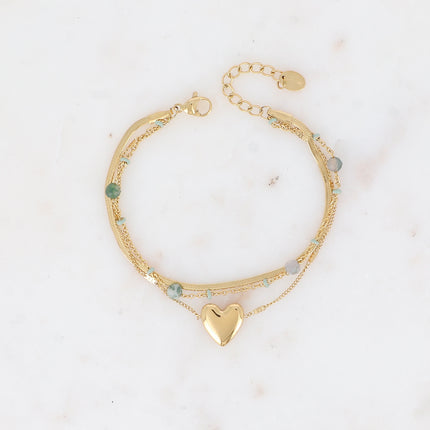 Bracelet 3 rangs - émail, pierres naturelles, maille miroir et pendentif coeur