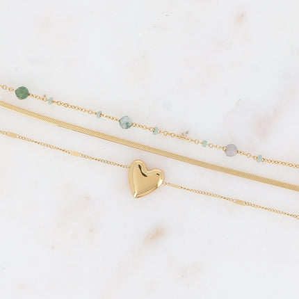 Bracelet 3 rangs - émail, pierres naturelles, maille miroir et pendentif coeur