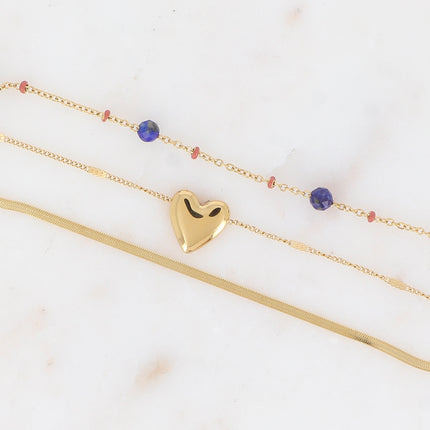 Bracelet 3 rangs - émail, pierres naturelles, maille miroir et pendentif coeur