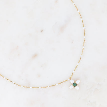 Collier - trèfle en émail et pierre naturelle carrée