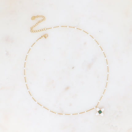 Collier - trèfle en émail et pierre naturelle carrée