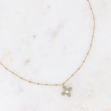 Collier - trèfle en émail et pierre naturelle carrée