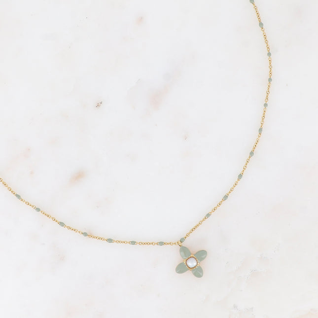 Collier - trèfle en émail et pierre naturelle carrée