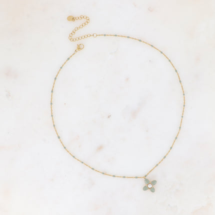 Collier - trèfle en émail et pierre naturelle carrée