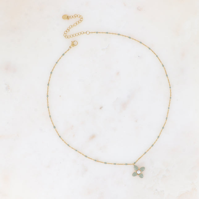 Collier - trèfle en émail et pierre naturelle carrée