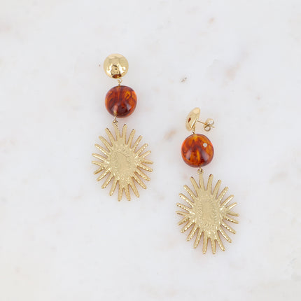 Boucles pendantes Juliette - 3 pièces, demi boule martelée, acétate et pièce florale ovale