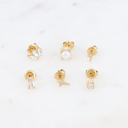 Set de 6 boucles puces - cristaux, perle d'eau douce, éclair et étoile