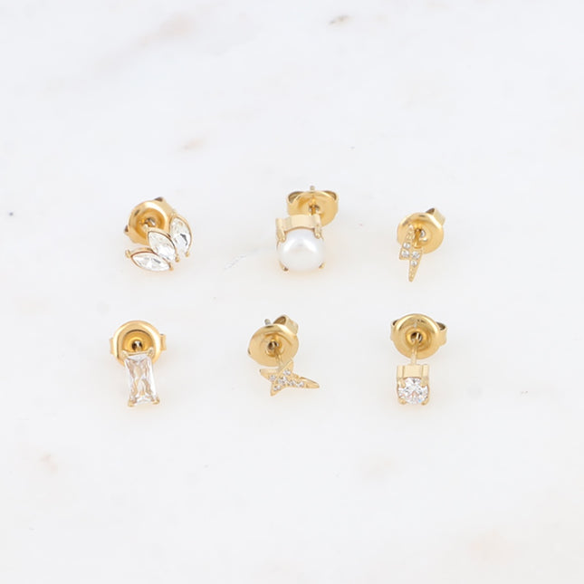 Set de 6 boucles puces - cristaux, perle d'eau douce, éclair et étoile