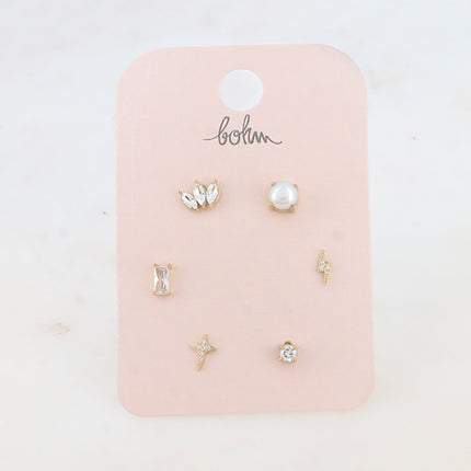 Set de 6 boucles puces - cristaux, perle d'eau douce, éclair et étoile