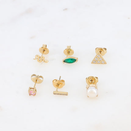 Set of 6 Solina stud earrings - snake, crystals, triangle, bar and freshwater pearl