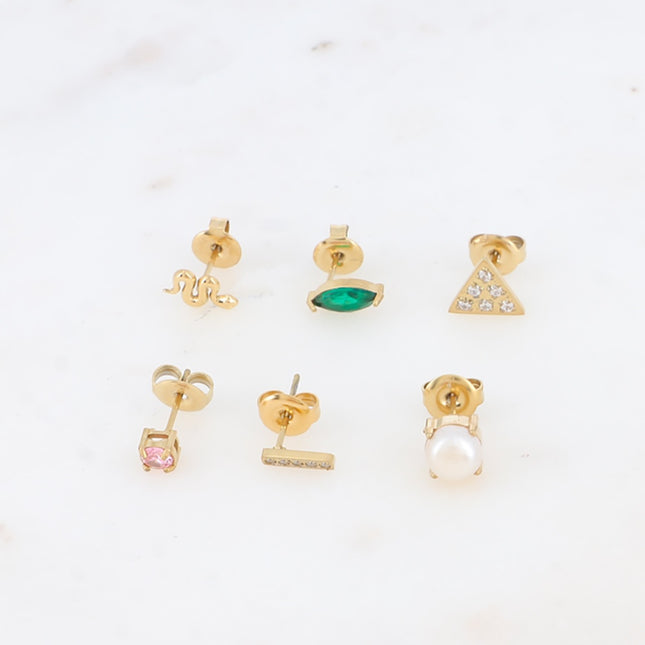 Set of 6 Solina stud earrings - snake, crystals, triangle, bar and freshwater pearl