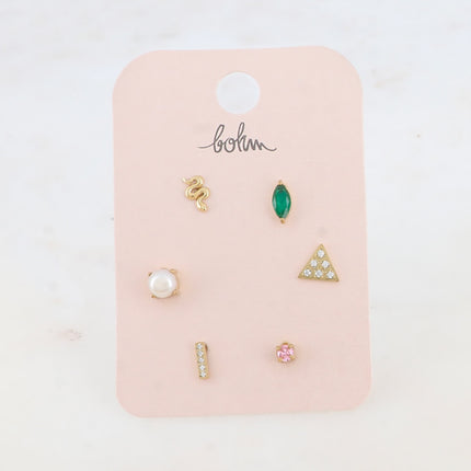 Set of 6 Solina stud earrings - snake, crystals, triangle, bar and freshwater pearl
