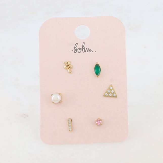 Set of 6 Solina stud earrings - snake, crystals, triangle, bar and freshwater pearl