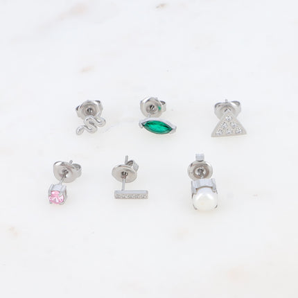 Set of 6 Solina stud earrings - snake, crystals, triangle, bar and freshwater pearl