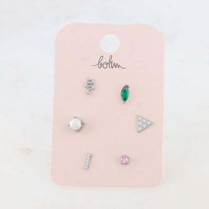 Set of 6 Solina stud earrings - snake, crystals, triangle, bar and freshwater pearl