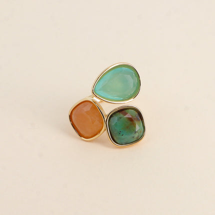 Bague ouverte Idrissa - 3 pierres naturelles, goutte et carrées 10mm