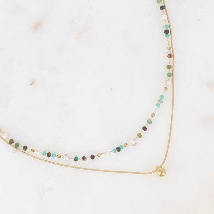 Collier 2 rangs Edwina - maille serpent, pâtes de verre, perles d'eau douce et pierres naturelles