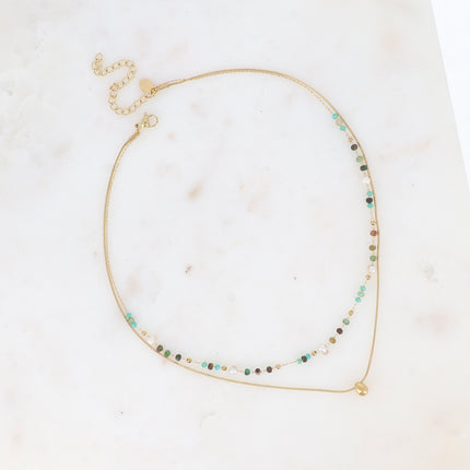 Collier 2 rangs Edwina - maille serpent, pâtes de verre, perles d'eau douce et pierres naturelles