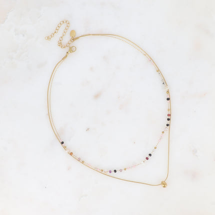 Collier 2 rangs Edwina - maille serpent, pâtes de verre, perles d'eau douce et pierres naturelles