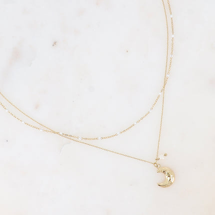 Collier 2 rangs Layle - chaîne émaillée, lune et perle d'eau douce