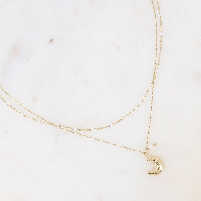Collier 2 rangs Layle - chaîne émaillée, lune et perle d'eau douce