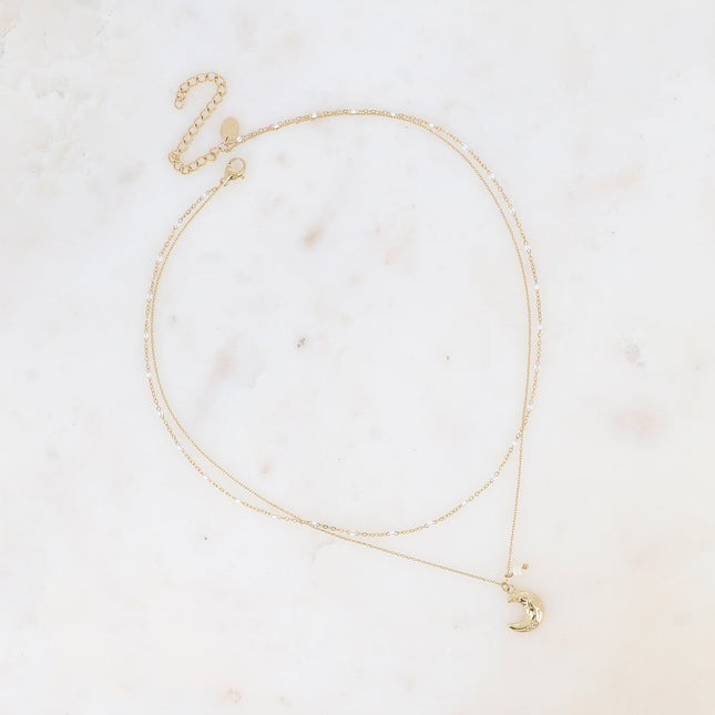 Collier 2 rangs Layle - chaîne émaillée, lune et perle d'eau douce