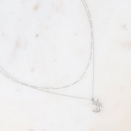 Collier 2 rangs Layle - chaîne émaillée, lune et perle d'eau douce