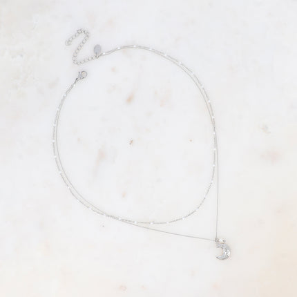 Collier 2 rangs Layle - chaîne émaillée, lune et perle d'eau douce