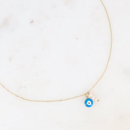Collier - oeil en émail et 3 perles d'eau douce