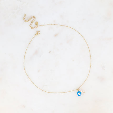 Collier - oeil en émail et 3 perles d'eau douce