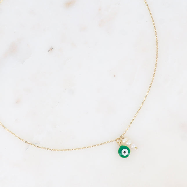 Collier - oeil en émail et 3 perles d'eau douce