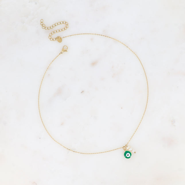 Collier - oeil en émail et 3 perles d'eau douce