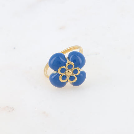 Bague - fleur émaillée et pierre naturelle carrée