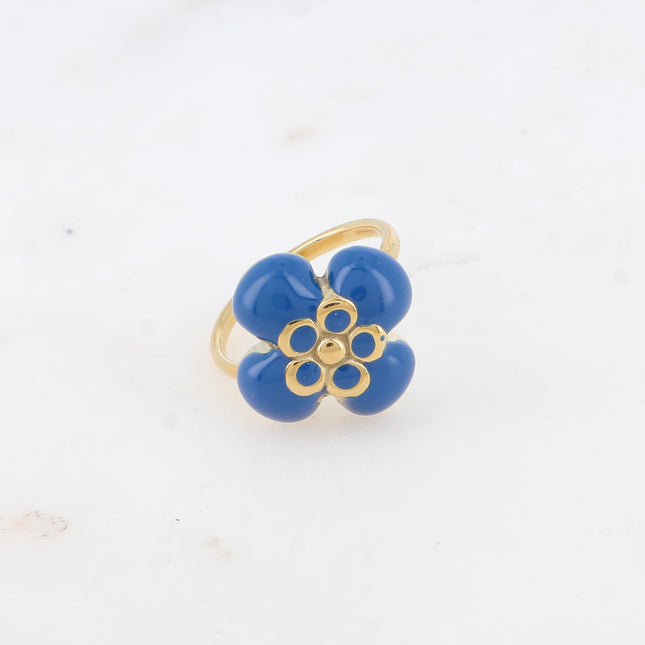Bague - fleur émaillée et pierre naturelle carrée