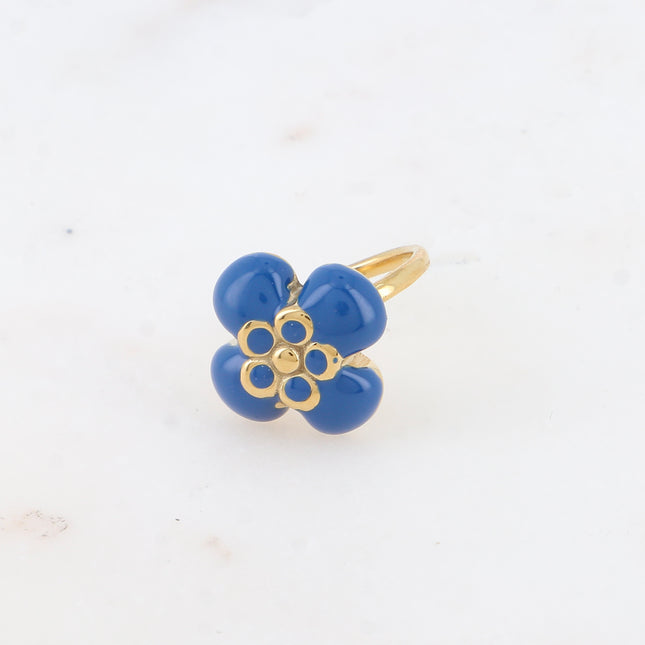 Bague - fleur émaillée et pierre naturelle carrée