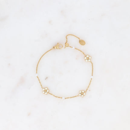 Bracelet - perles de résine blanche, petites fleurs émaillées