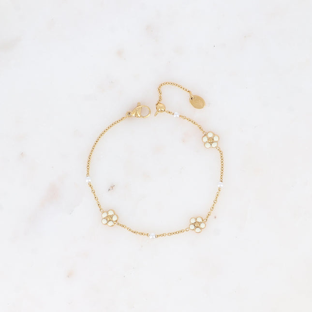 Bracelet - white resin beads, small enameled flowers