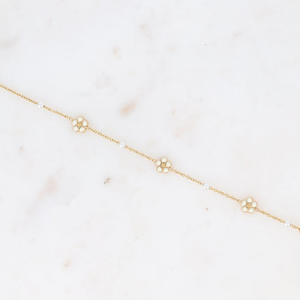 Bracelet - perles de résine blanche, petites fleurs émaillées
