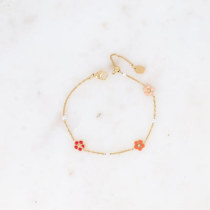 Bracelet - perles de résine blanche, petites fleurs émaillées