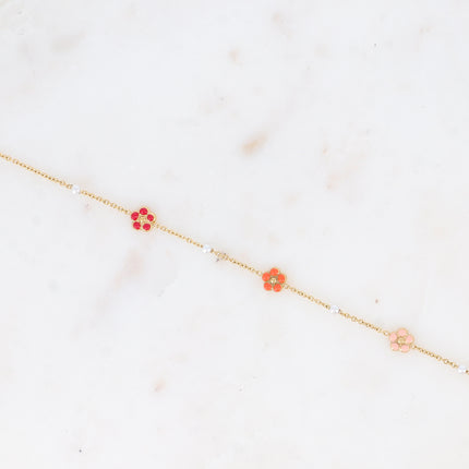 Bracelet - perles de résine blanche, petites fleurs émaillées