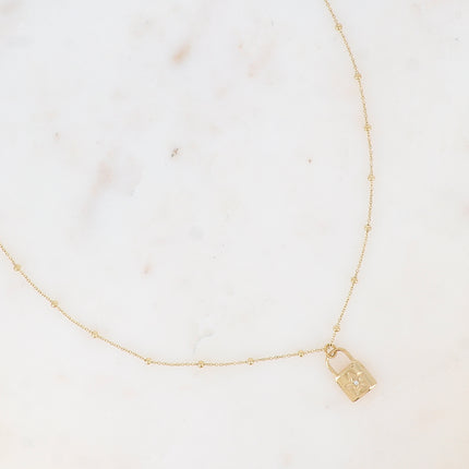 Collier - chaîne à boules, pendentif cadenas et étoile avec oxyde de zirconium