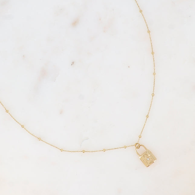 Necklace - ball chain, padlock and star pendant with cubic zirconia