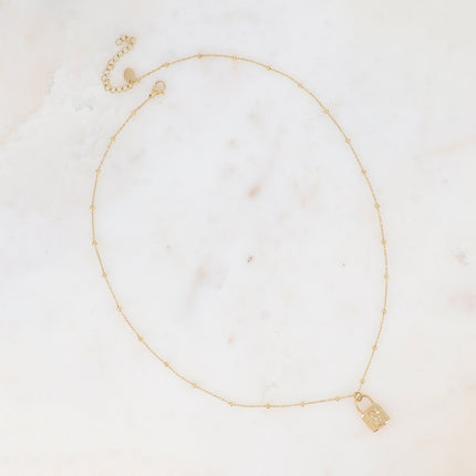 Collier - chaîne à boules, pendentif cadenas et étoile avec oxyde de zirconium