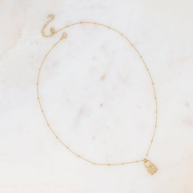 Necklace - ball chain, padlock and star pendant with cubic zirconia