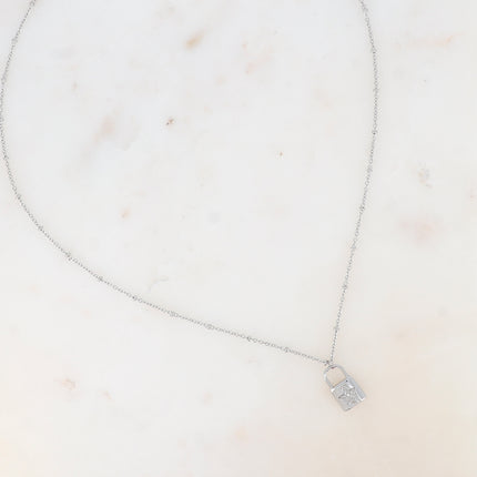 Collier - chaîne à boules, pendentif cadenas et étoile avec oxyde de zirconium