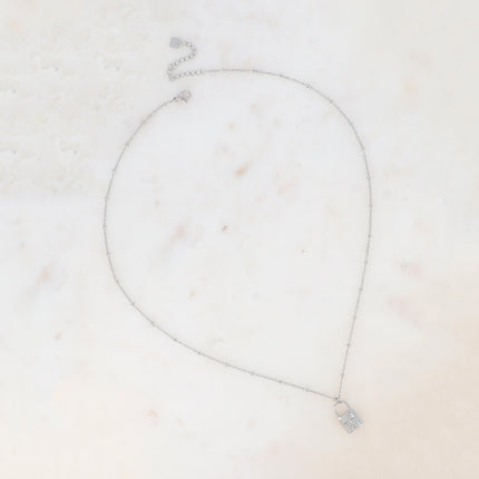 Collier - chaîne à boules, pendentif cadenas et étoile avec oxyde de zirconium